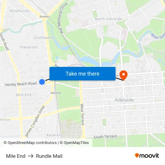 Mile End to Rundle Mall map