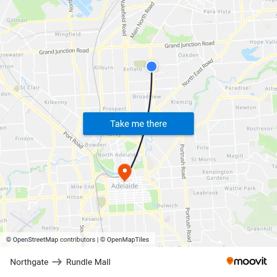 Northgate to Rundle Mall map