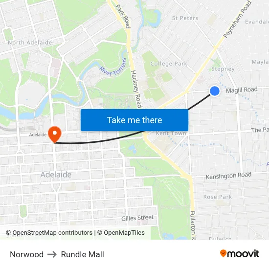Norwood to Rundle Mall map
