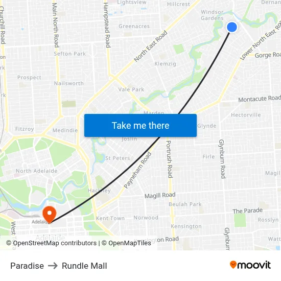 Paradise to Rundle Mall map