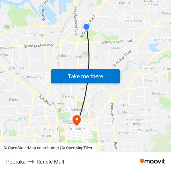 Pooraka to Rundle Mall map
