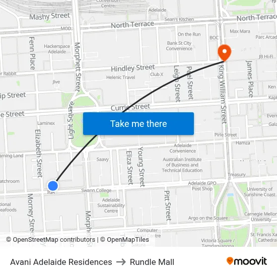 Avani Adelaide Residences to Rundle Mall map