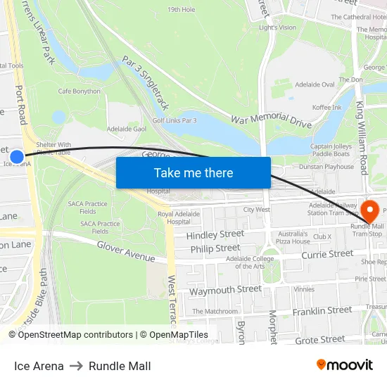Ice Arena to Rundle Mall map