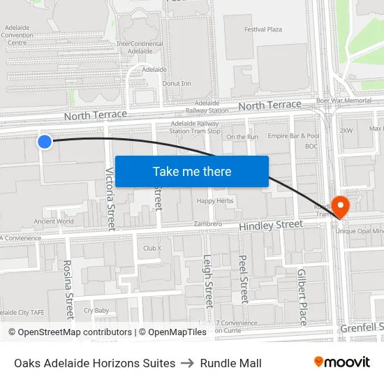 Oaks Adelaide Horizons Suites to Rundle Mall map
