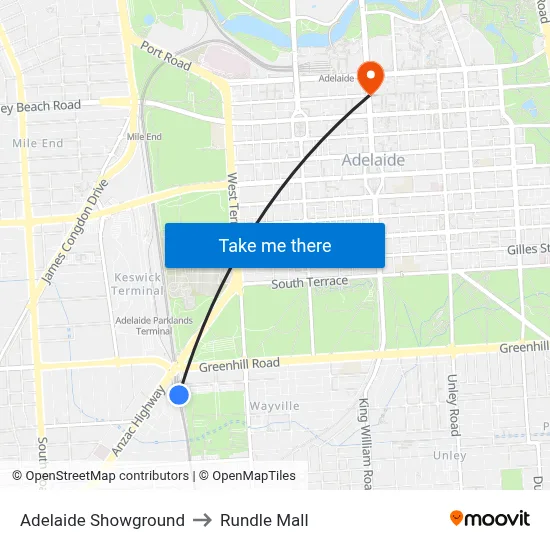 Adelaide Showground to Rundle Mall map