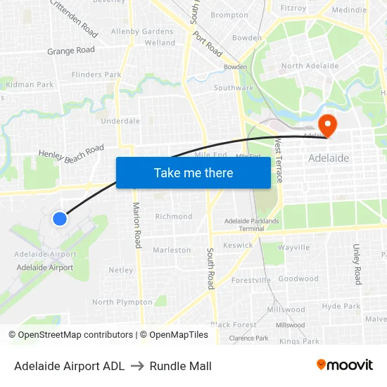 Adelaide Airport ADL to Rundle Mall map