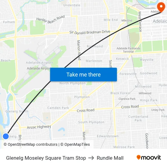 Glenelg Moseley Square Tram Stop to Rundle Mall map