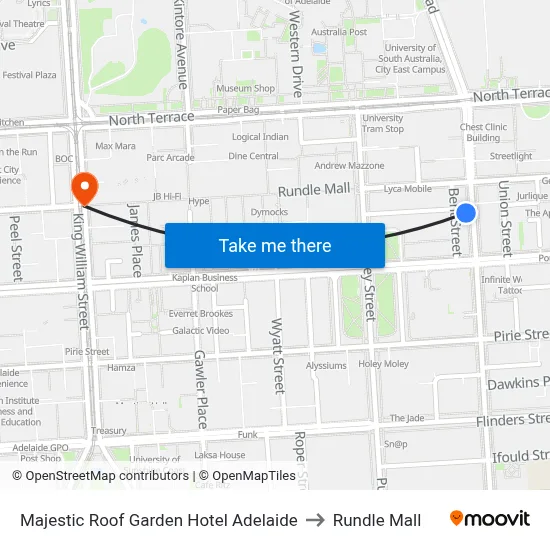 Majestic Roof Garden Hotel Adelaide to Rundle Mall map