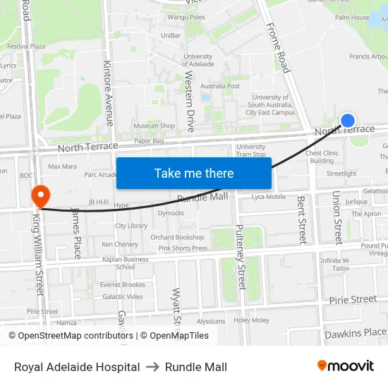 Royal Adelaide Hospital to Rundle Mall map