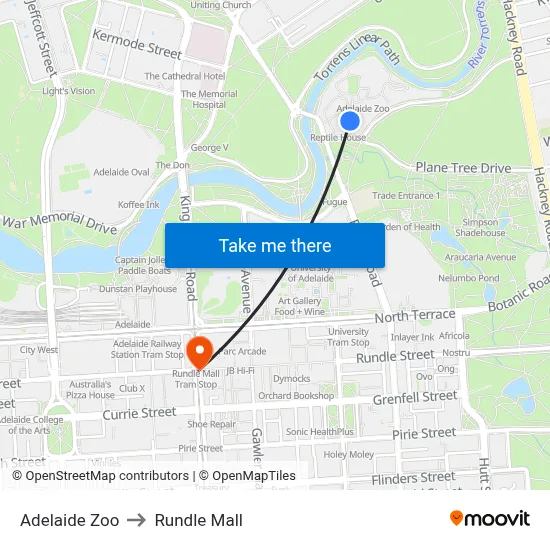 Adelaide Zoo to Rundle Mall map