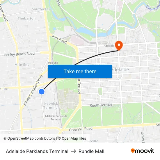 Adelaide Parklands Terminal to Rundle Mall map