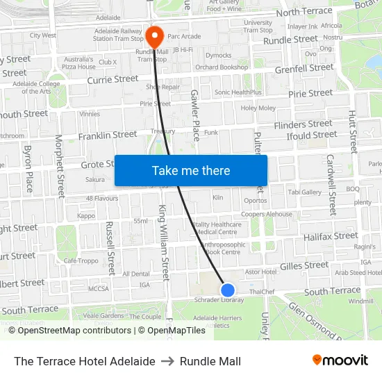 The Terrace Hotel Adelaide to Rundle Mall map
