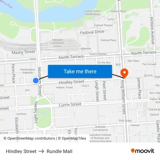 Hindley Street to Rundle Mall map