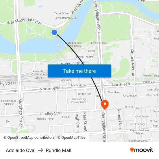 Adelaide Oval to Rundle Mall map