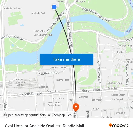 Oval Hotel at Adelaide Oval to Rundle Mall map