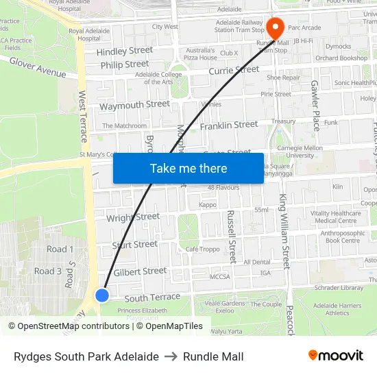 Rydges South Park Adelaide to Rundle Mall map