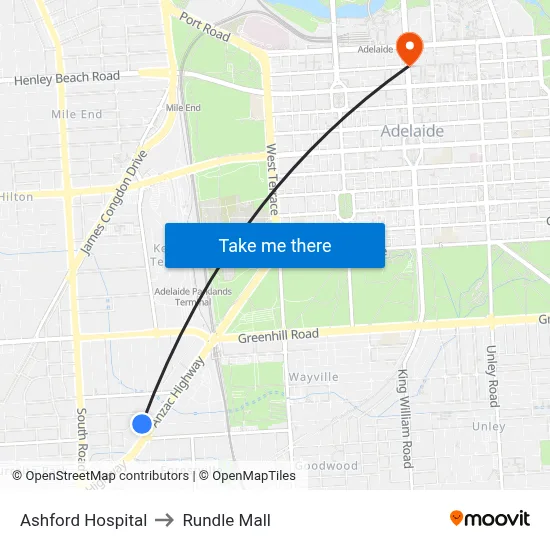 Ashford Hospital to Rundle Mall map