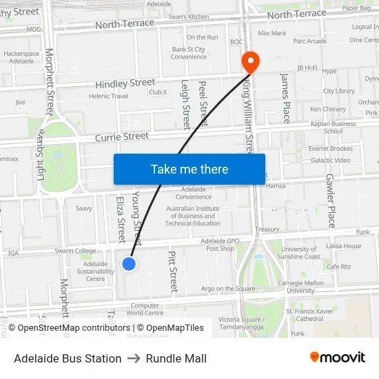 Adelaide Bus Station to Rundle Mall map
