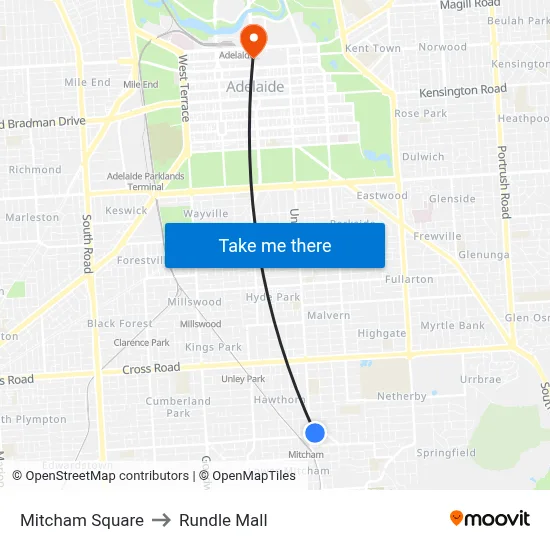 Mitcham Square to Rundle Mall map