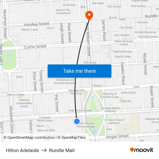 Hilton Adelaide to Rundle Mall map