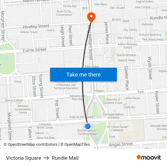Victoria Square to Rundle Mall map