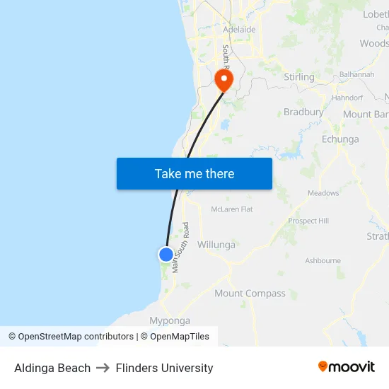 Aldinga Beach to Flinders University map