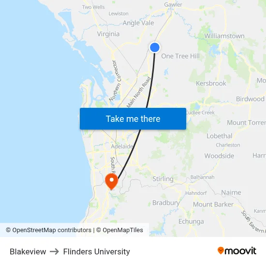 Blakeview to Flinders University map