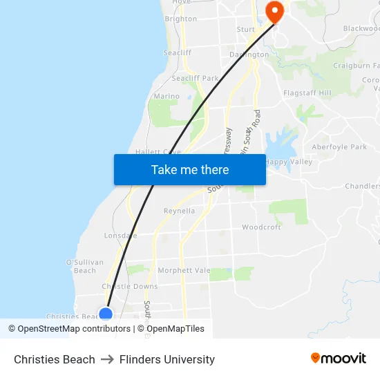 Christies Beach to Flinders University map