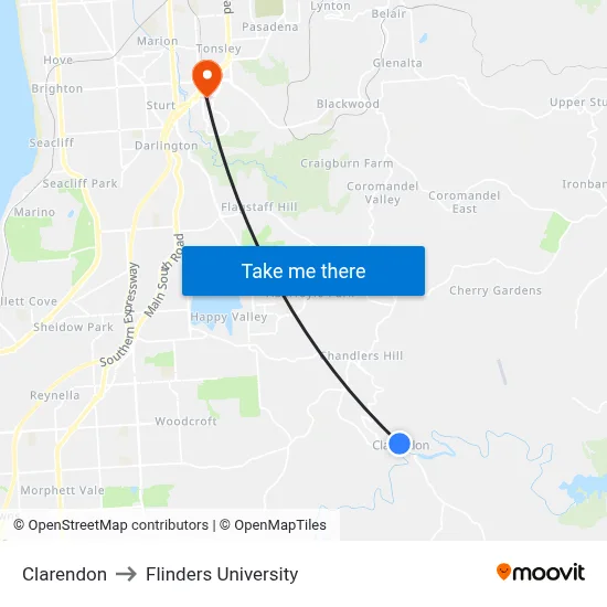 Clarendon to Flinders University map