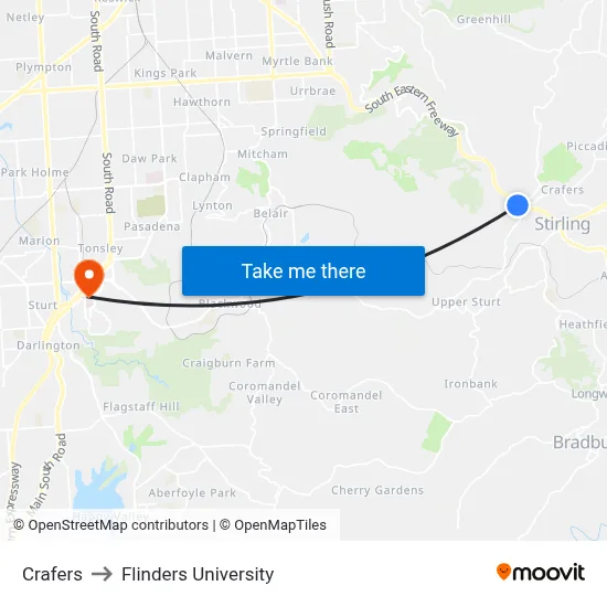 Crafers to Flinders University map