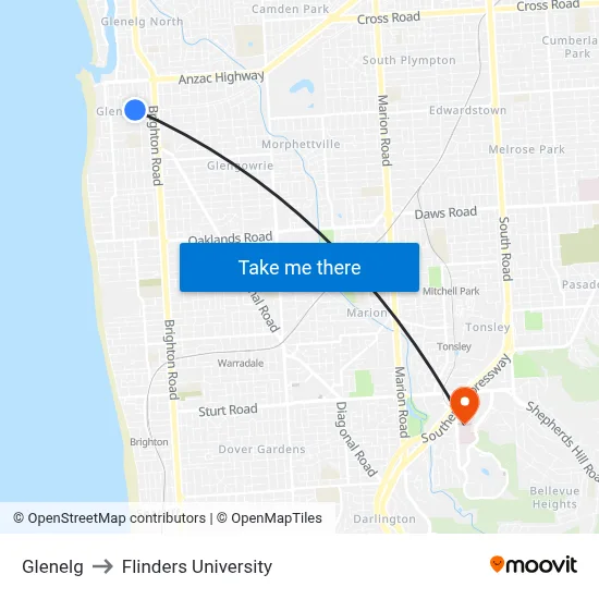 Glenelg to Flinders University map