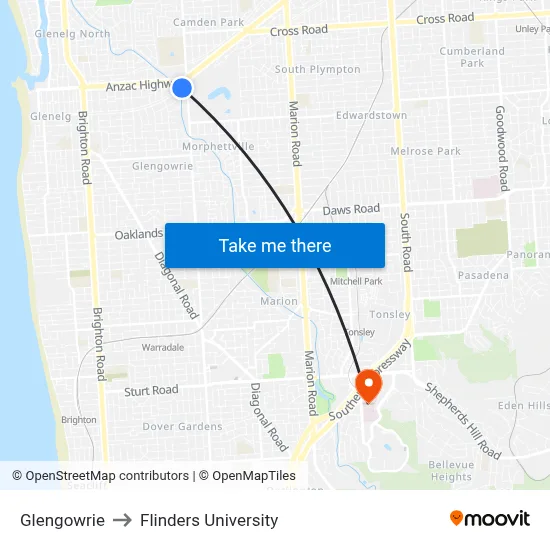 Glengowrie to Flinders University map