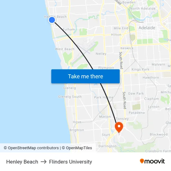 Henley Beach to Flinders University map