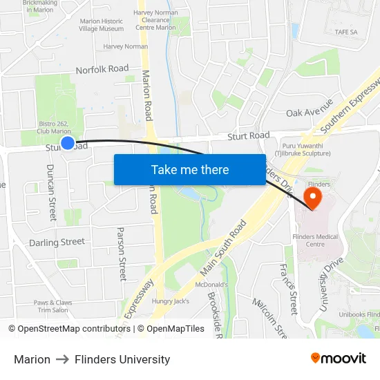 Marion to Flinders University map