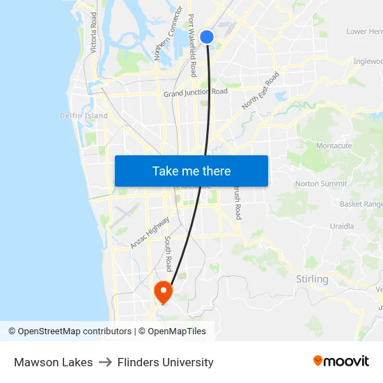 Mawson Lakes to Flinders University map