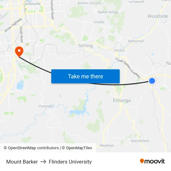 Mount Barker to Flinders University map