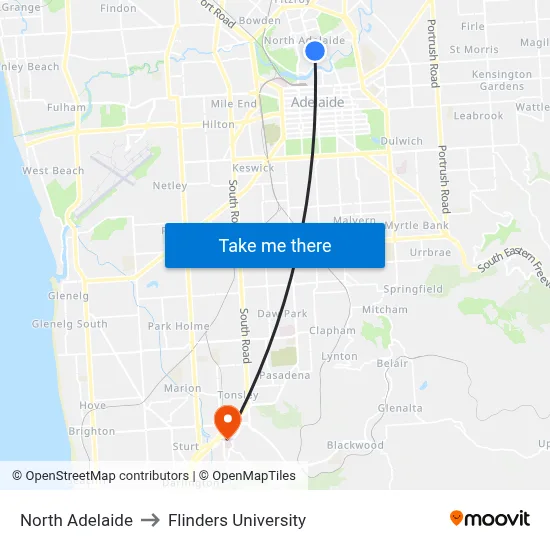 North Adelaide to Flinders University map