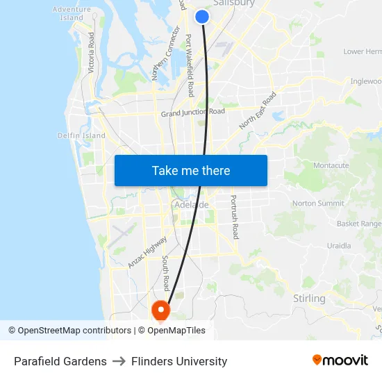 Parafield Gardens to Flinders University map