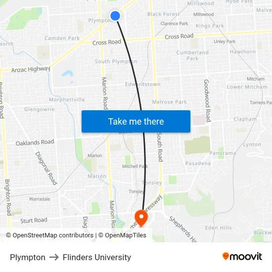 Plympton to Flinders University map