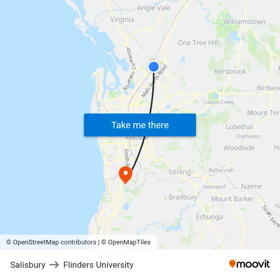 Salisbury to Flinders University map