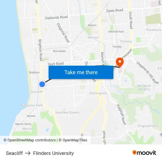 Seacliff to Flinders University map