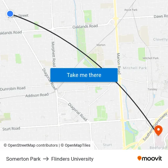Somerton Park to Flinders University map