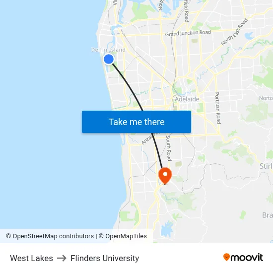 West Lakes to Flinders University map