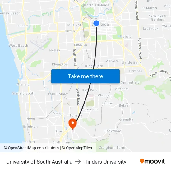 University of South Australia to Flinders University map