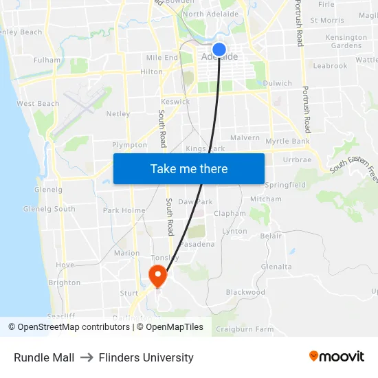 Rundle Mall to Flinders University map