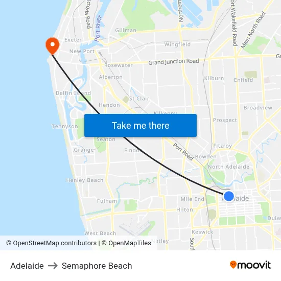 Adelaide to Semaphore Beach map