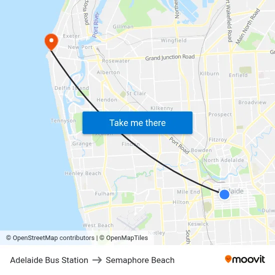 Adelaide Bus Station to Semaphore Beach map