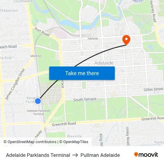 Adelaide Parklands Terminal to Pullman Adelaide map