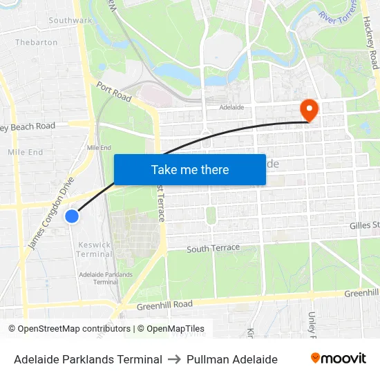 Adelaide Parklands Terminal to Pullman Adelaide map