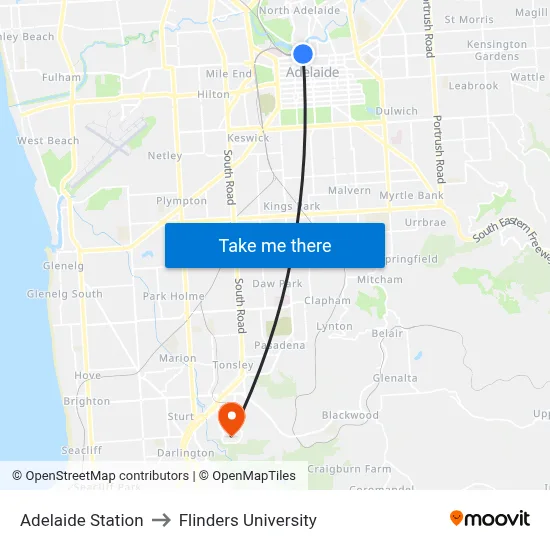 Adelaide Station to Flinders University map